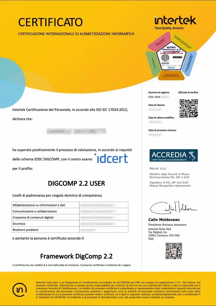 certificazione EDSC DigComp 2.2