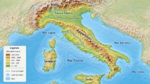 Cartina fisica dell'Italia con rilievi, pianure, fiumi e mari